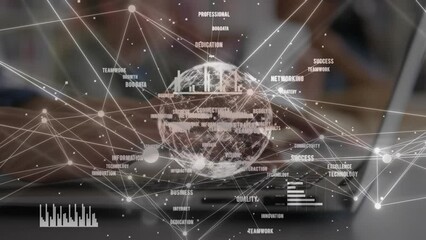 Wall Mural - Animation of network of connections with globe over caucasian businesswoman with laptop