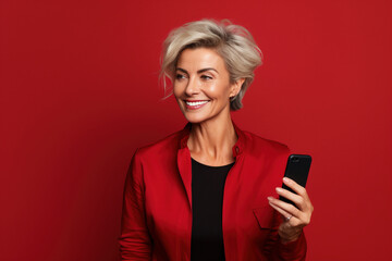 attractive mature woman with phone on red background. AI Generated