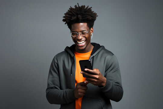 Black man with phone on studio background. AI Generated