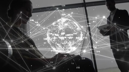Poster - Animation of network of connections with globe over caucasian businessman with tablet