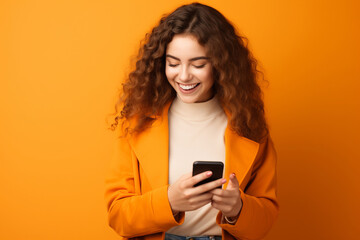 girl with phone on orange background. AI Generated