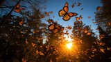 Fototapeta  - A monarch butterfly (Danaus plexippus) migration in the skies above Mexico's Monarch Butterfly Biosphere Reserve, the air filled with a fluttering sea of orange and black wings, creating a stunning vi