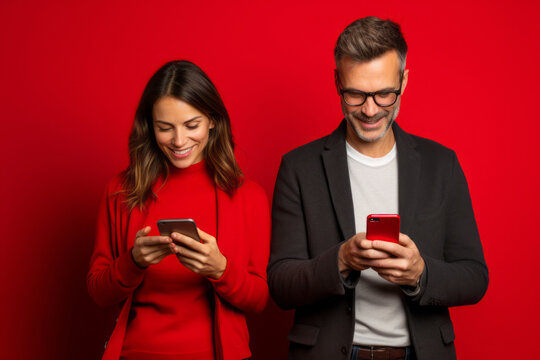 woman and man with phone on red background. AI Generated