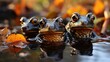 A group of European Fire-bellied Toads (Bombina bombina) floating in a pond in Europe, their black and orange bellies a charming sight in the clear water.