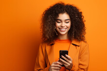 Girl With Phone On Orange Background. AI Generated