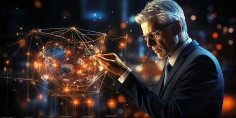 Businessman touching circuit of brain working of Artificial Intelligence (AI). AI Generated