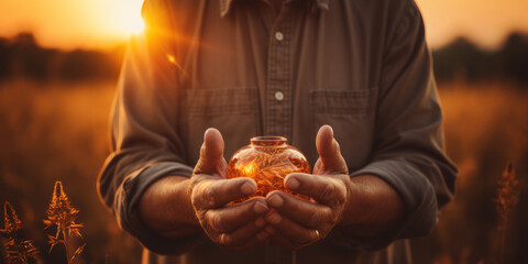 Man hands palm up praying and worship of cross, eucharist therapy bless god helping. AI Generated