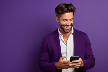 Wall Mural - man with phone on purple background. AI Generated