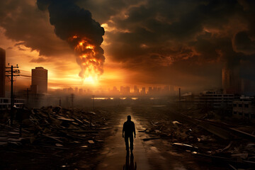 post apocalyptic city ruins landscape sunset with burning horizon