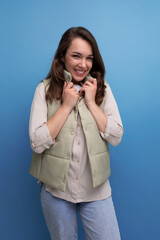 Sticker - charming positive brunette young lady in casual style on studio background