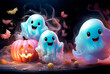 canvas print picture - Cute Halloween ghosts with beautiful kind pumpkins in delicate colors. 
