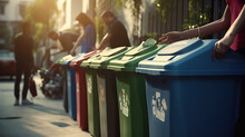 Recycling: Showcasing Images Of Recycling Bins And People Separating Recyclable Materials From Their Waste. Recycling Reduces Waste, Conserves Resources