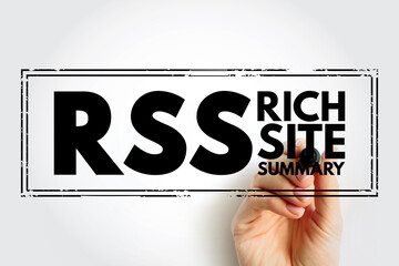 Poster - RSS Rich Site Summary - web feed that allows users and applications to access updates to websites in a standardized, computer-readable format, acronym text stamp concept background