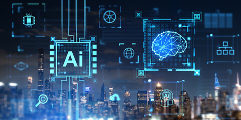 Poster - New York skyline, AI brain hologram and futuristic technologies with icons