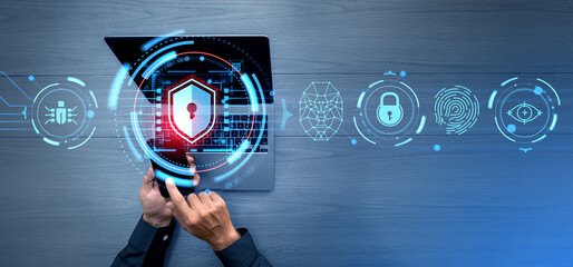 Poster - Man hands with smartphone and laptop and cybersecurity shield interface
