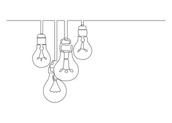 One continuous line drawing of hanging lightbulbs on house ceiling rooftop. Poster for wall décor interior design vector illustration. Pro vector.