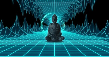 Poster - Animation of buddha sculpture over neon tunnel metaverse background