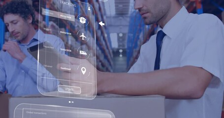 Poster - Animation of data processing on screens over caucasian men working in warehouse