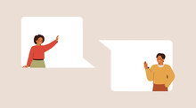 Eople Talk Or Speak Via Online Messages. Man And Woman Chatting Via Speech Bubbles. Dialogue Between Friends Or Colleagues. Corporate Communication Concept. Vector Illustration