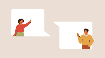 eople talk or speak via online messages. man and woman chatting via speech bubbles. dialogue between