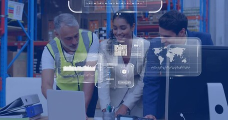 Poster - Animation of data processing on screens over diverse people working in warehouse