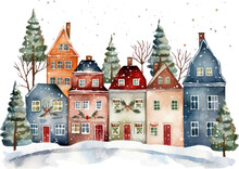 Watercolor Winter Town Background Landscape  Vector Illustration