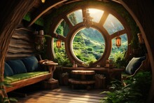 Hobbit House Interior, Inside Fantasy Wooden Hut In Forest. Vintage Room In Fairytale Habitation With Round Window.