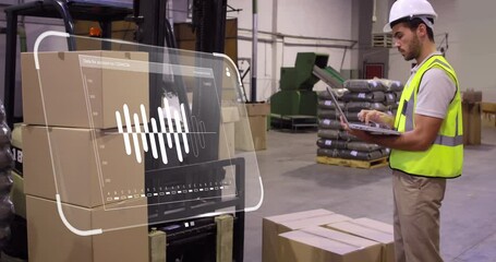 Poster - animation of data processing on screen over caucasian man working in warehouse