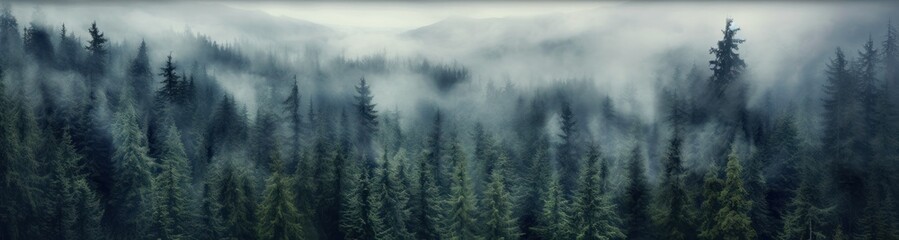 Misty mountain landscape. Moody forest landscape with fog and mist. Generative AI