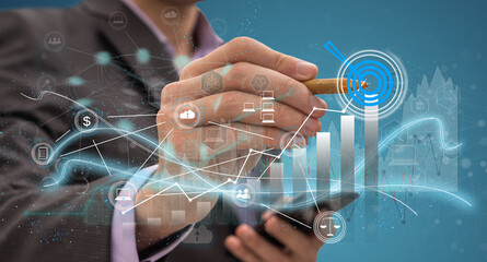 Aufkleber - Money businessman touch virtual screen screen displaying a crypto currency featuring stock tickers or graphs. Stock trading platform concept. professional financial. Stock market data candlesticks.