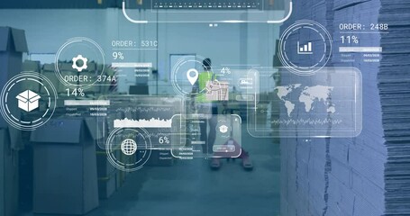 Aufkleber - animation of data processing on screens over caucasian man working in warehouse