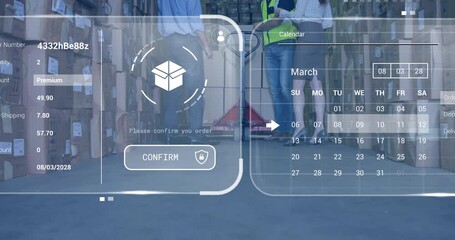 Sticker - Animation of data processing on screens over diverse people working in warehouse
