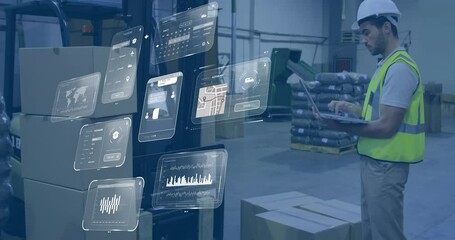 Poster - animation of data processing on screens over caucasian man working in warehouse