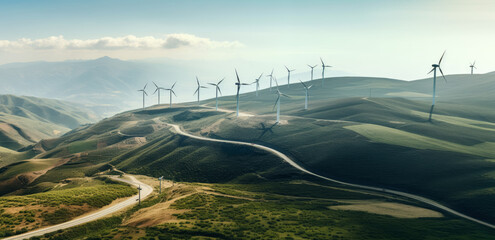 Wall Mural - wind turbines generating green power high in mountains. generative ai