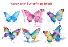  Collection Of Butterflies On Splash Clipart Isolated White Background.watercolor Splash Butterfly Png Collection.Butterflies Clipart Set, Watercolor Illustration.Decoration Elements Vector