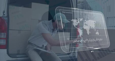 Poster - animation of data processing on screen over caucasian delivery man and cardboard boxes