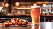 Glass Of Beer And Pretzels On A Table In A Pub.