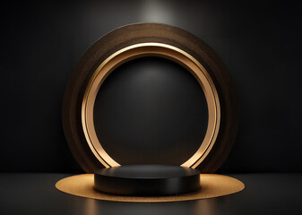abstract realistic 3d black and gold cylinder pedestal podium with golden glitter in circle window. 