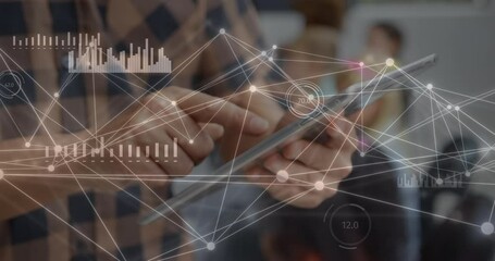 Poster - Animation of data and network of connections over caucasian businessman using tablet
