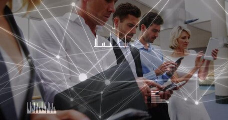 Poster - Animation of data and network of connections over diverse businesspeople using tablets