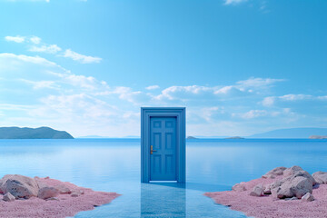 Surreal is a fantastic futuristic lake with pink shores and a door in the middle of the lake. The concept of psychedelia and escapism. Generated AI.