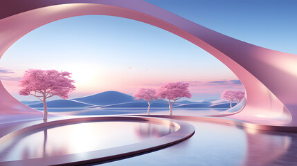 3d render of abstract interior. Minimalistic room with pink wall and blue sky