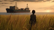 An African Boy Looks At The Sea With A Ship. Cargo Ship. Grain Deal. Generative AI