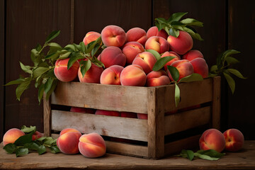 Peaches arranged in a rustic wooden crate.