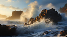 A Rugged Shoreline Of Sharp, Jagged Rocks Being Pummeled By Powerful, Frothing Waves.