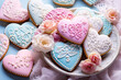 Heart-shaped gingerbread cookies with icing designs in autumn