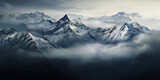 Fototapeta Góry - Dramatic snow-capped mountains landscape. Clouds and fog covers stone slopes. Generative AI