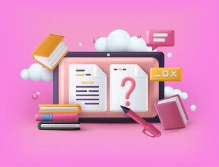 Online education. 3D books. Business exam or quiz. Test in class or internet examination. Digital tablet screen. Web study. Computer training course. Vector exact illustration icons