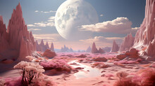 Beautiful Fantasy Alien Planet, Desert Landscape With Pink Trees And Blue Sky In 3d Render
