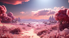 Beautiful Fantasy Alien Planet, Desert Landscape With Pink Trees And Blue Sky In 3d Render
